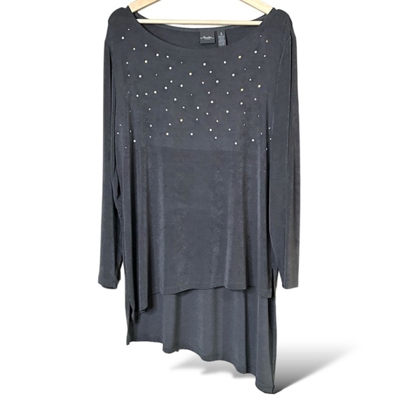 TRAVELERS X CHICO’S Grey Long Sleeve Asymmetric Hem Slinky Tunic Top MADE IN USA - Picture 1 of 10